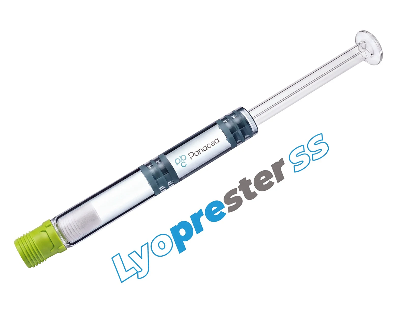 The Lyoprester SS dual-chamber single-shot device that holds the shared Rethiamine formulation: protected lyophilised chamber beside the separate 0.5 mL P-EARLs reconstitution chamber